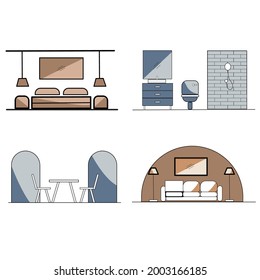 Thin line flat design of bedroom, living room, bathroom, dining room. Modern vector illustration concept, isolated on white background.