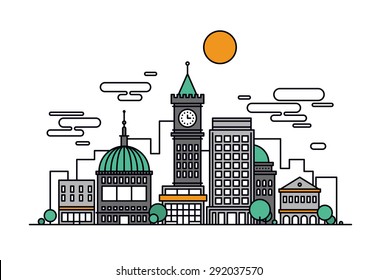Thin line flat design of business city architecture, major commercial building and institution, historical tower and office residence. Modern vector illustration concept, isolated on white background. svg