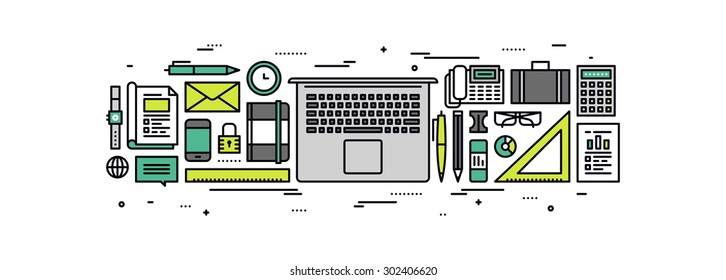 Thin line flat design of business essentials supplies, laptop with office tools and equipment, top view on work desk with accessories. Modern vector illustration concept, isolated on white background.