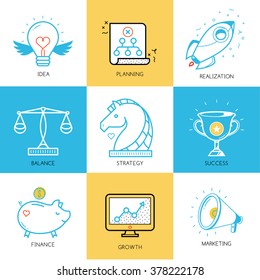 Thin line flat design of  business project startup process, from idea through planning and strategy, marketing, finance, to realization and success 
Vector illustration, isolated on white background.