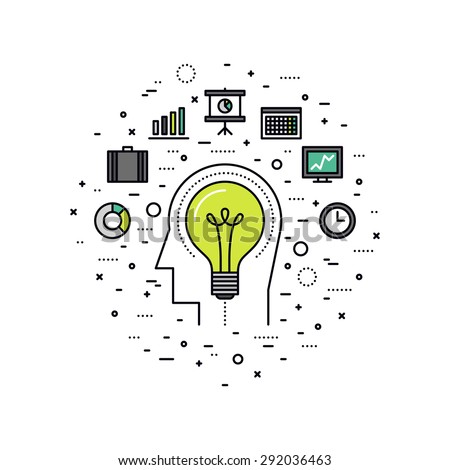 Thin line flat design of business innovation idea, invention progress of human mind, personal inventiveness for success job workflow. Modern vector illustration concept, isolated on white background.