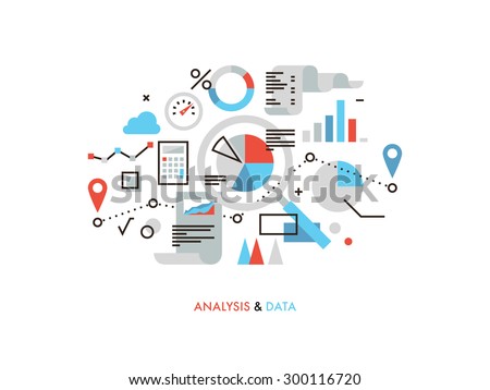 Thin line flat design of business graph statistics, big data analysis, global seo analytics, financial research report, market stats. Modern vector illustration concept, isolated on white background.