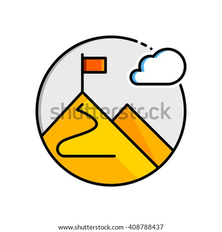 Thin line flat design of business concept. Mission icon. A mountain with a flag on summit