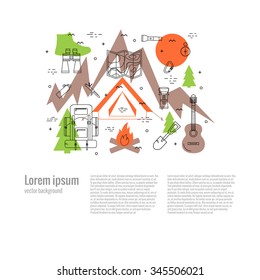 Thin line flat design of camping, tourism, adventure. Vector illustration concept, isolated on white