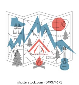 Thin line flat design of camping, tourism, adventure. Vector illustration concept, isolated on white