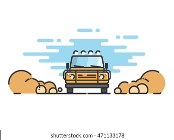 Thin Line Flat Design Of Car. Jeep In Motion On A Safari Trip. Modern Flat Design Thin Line Banner. Vector EPS 10