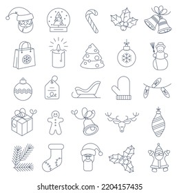 Thin line flat design Christmas and new year icon set. Vector illustration.