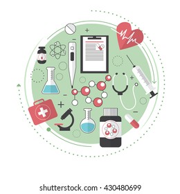 Thin line flat design of city medicine services, medical supplies, ambulance emergency help for illness patient. Modern concept. Line art. Vector illustration
