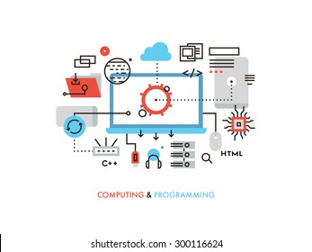 Thin line flat design of cloud computing technology, wireless communication, website programming code, hosting service for developers. Modern vector illustration concept, isolated on white background.