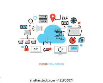 Thin Line Flat Design Of Cloud Computing Datum Architecture, Internet Network Security Connection For Worldwide Business Multimedia. Modern Vector Illustration Concept, Isolated On White Background.