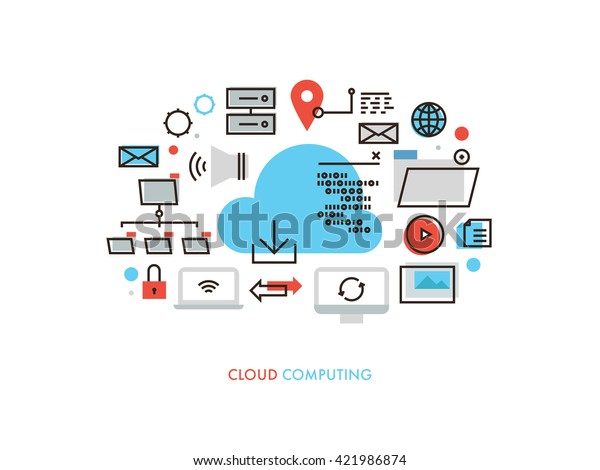 Thin line flat design of cloud computing\
datum architecture, internet network security connection for\
worldwide business multimedia. Modern vector illustration concept,\
isolated on white\
background.