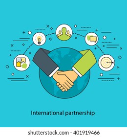 Thin line flat design colorful vector illustration concept for international partnership, cooperation, collaboration, global business isolated on stylish background