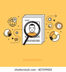 Thin line flat design colorful vector illustration concept for human resource management, recruitment, headhunting, searching employees, selecting professional staff isolated on bright background