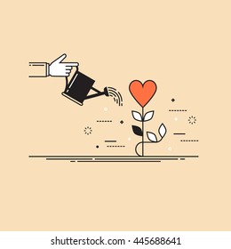 Thin line flat design colorful vector illustration concept for charity, help, supporting, work of volunteers isolated on stylish background