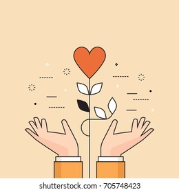 Thin line flat design colorful vector illustration of heart plant in hands, concept for charity, help, supporting, work of volunteers isolated on stylish background