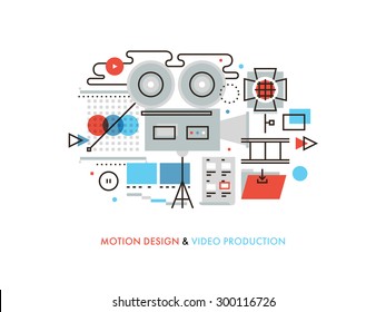 Thin line flat design of commercial video production studio, motion graphic and audio correction elements, lights and camera action. Modern vector illustration concept, isolated on white background.