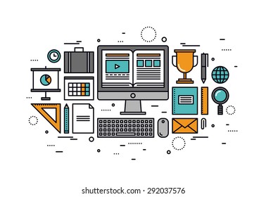 Thin line flat design of computer training course, education from home using online tutorial, reading book from internet website. Modern vector illustration concept, isolated on white background.