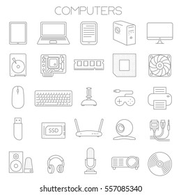 Thin line flat design computer service and parts vector icon set.