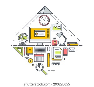 Thin line flat design concept of business workspace and office tools. Concept for website banners and promotional materials.
