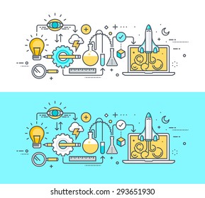 Thin line flat design concept on the theme of development process, from idea to launch the project. Concept for website banners and promotional materials.