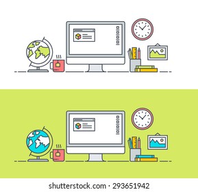 Thin line flat design concept of app developer workspace. Concept for website banners and promotional materials.