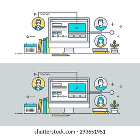 Thin Line Flat Design Concept On The Theme Of Video Tutorial, Online Training Courses, Communication, Online Education, Conference Call. Concept For Website Banners And Promotional Materials.