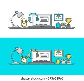 Thin line flat design concept of workspace. Concept for website banners and promotional materials.