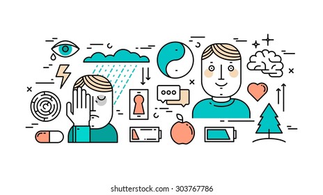 Thin line flat design concept of mental health, depression and anti-depression, vector illustration