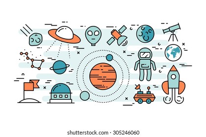 Thin line flat design concept of space exploration, vector illustration