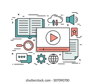 Thin line flat design concept of video tutorials, vector illustration