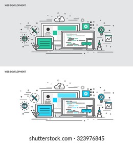 Thin line flat design concept banners for Web Development. Modern vector illustration 