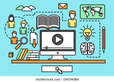 Thin line flat design concept of online education, video tutorials, training courses, ebook, online university. Vector illustrations for website banners, promotional materials, education app.