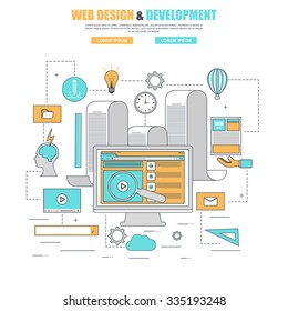 Thin line flat design concept for process web design and development website. Creating web ui and ux frames. Concepts for web banner and printed materials, isolated on white background.