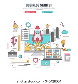 Thin line flat design concept of brainstorming, planning, strategy, marketing, finance, organization startup process. Concepts for web banner and printed materials, isolated on white background.