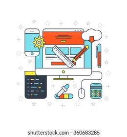 Thin Line Flat Design Concept Illustration for Web Design and Development