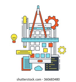 Thin Line Flat Design Concept Illustration of Mobile Apps Development Process