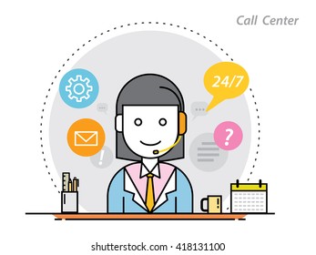thin line flat design concept of call center,telemarketing or operator