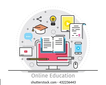 Thin line flat design concept of online education