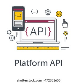 Thin Line Flat Design Concept Banner For Software Development. Platform API Icon. Programming Language, Testing And Bug Fixing On Laptop And Smartphone. Modern Vector Illustration