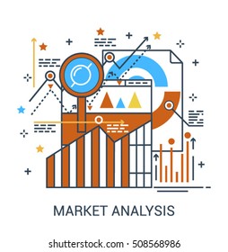 Thin line flat design concept of Market and Business Analysis, Financial Planning and Statistic Information. Concepts for Website Element, Mobile websites and Apps.