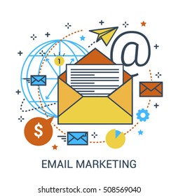 Thin line flat design concept of Email Marketing, E-mail Advertising communication, Newsletter promotion campaign and Electronic mail. Design for Website Element , Mobile websites and Apps.