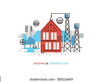 Thin line flat design of constructing building process, house construction in progress, real estate architecture development. Modern vector illustration concept, isolated on white background.