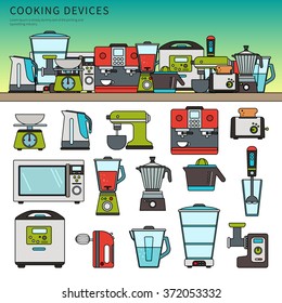 Thin line flat design of cooking devices. Different kitchen machines on the wooden table, devices, toaster, coffee machine, microwave oven, blender, meat-chopper isolated on white background