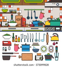 Thin line flat design of cooking tools and utensils. Kitchen equipment and products on the table. Cooking at home concept. Cooking utensils isolated on white background