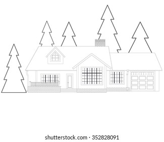 
Thin line flat design. Country secluded house on a white background isolated in the forest for recreation. Vector illustration
