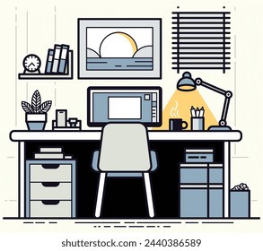 Flaches, schlankes Design des kreativen Arbeitsbereichs, Arbeiten von zu Hause aus, moderner Schreibtisch mit Display, stilvolles Bild an der Wand für den Innenraum. Modernes Vektor-Illustrationskonzept, Nachtlicht
