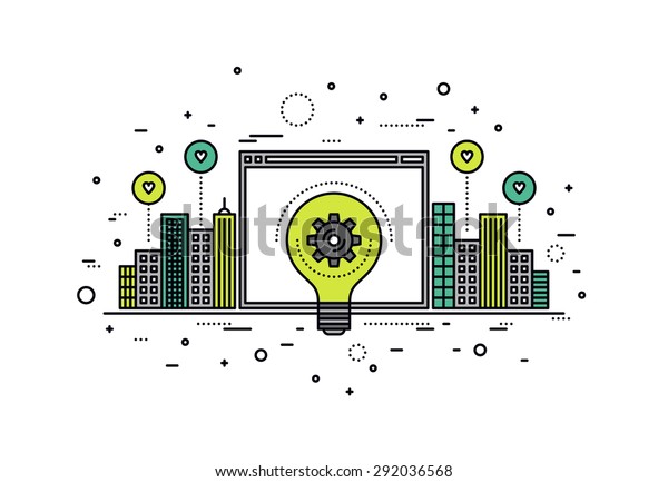 Thin line flat design of crowdsourcing innovation web platform for city infrastructure, big idea realization for invention progress. Modern vector illustration concept, isolated on white background.