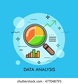 Thin line flat design of data analysis magnifier with pie chart. Premium quality outline symbol. Modern style logo, vector illustration concept.