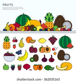 Thin line flat design of the different fruits on the table. Fresh fruits icons for restaurant menu, watermelon, berries, tropical fruits isolated on white background