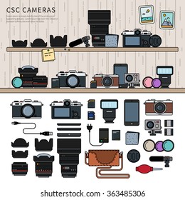 Thin line flat design of different photo equipment on the shelves. Cameras and other photography tools, camera, usb, flash memory cards and lens isolated on white background